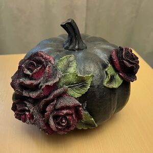 Vintage gothic pumpkin with sparkly burgundy roses.